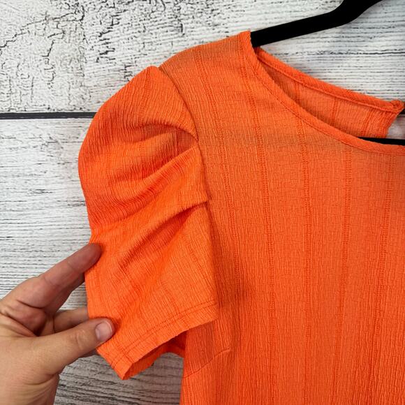 Tattoo Style Women's Orange Textured Puff Sleeve Mini Dress Size Medium - Picture 2 of 9